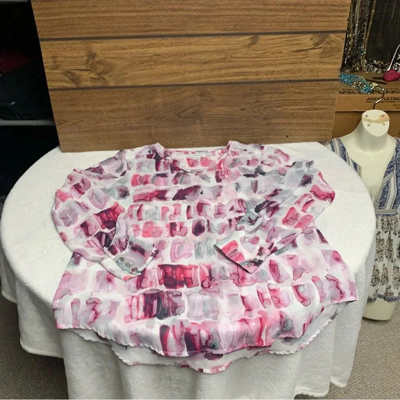 Liz Claiborne white/purple Large semi sheer long sleeve top silver buttons - Picture 5 of 5